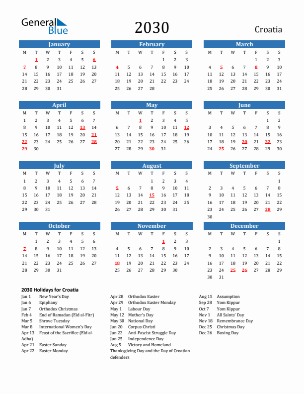 Croatia 2030 Calendar with Holidays