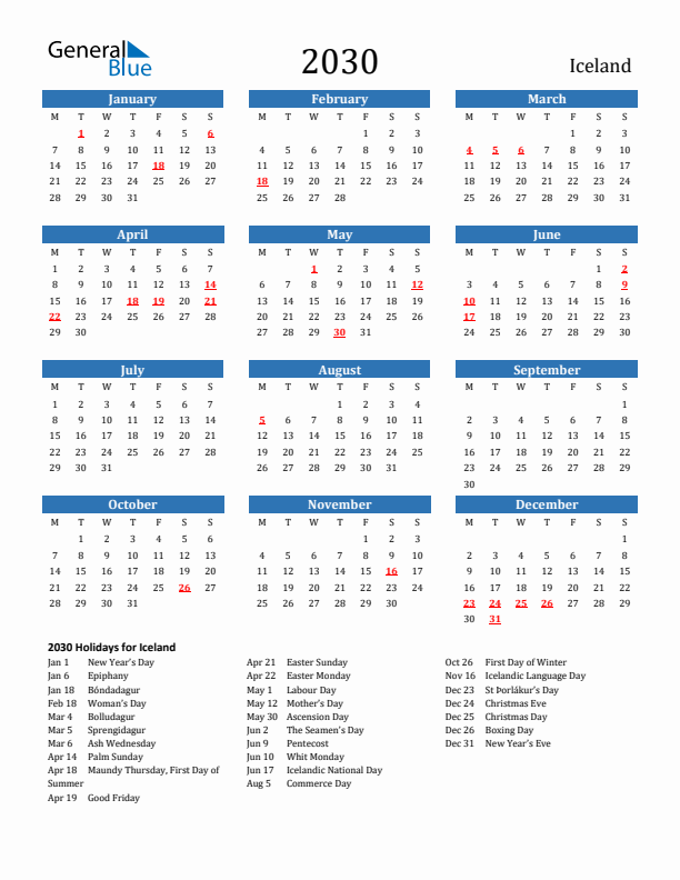 Iceland 2030 Calendar with Holidays