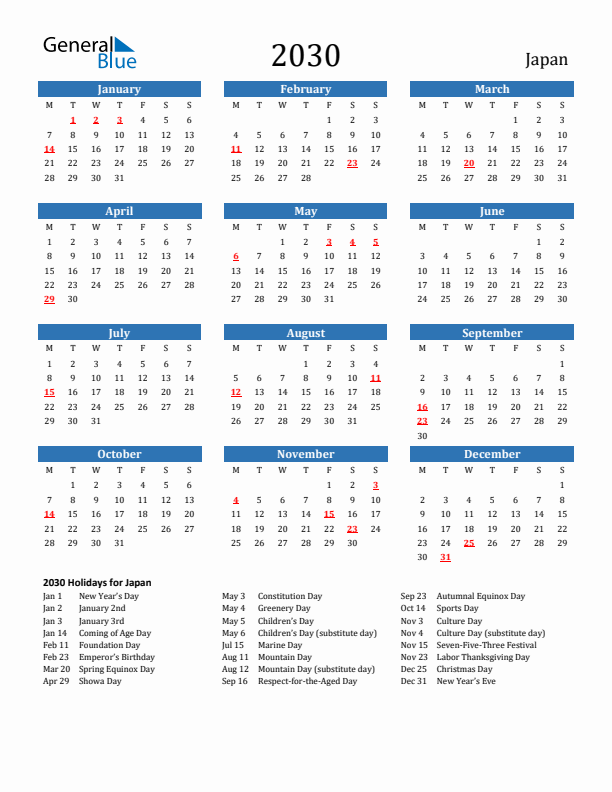 Japan 2030 Calendar with Holidays