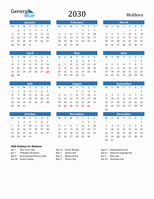 Moldova 2030 Calendar with Holidays