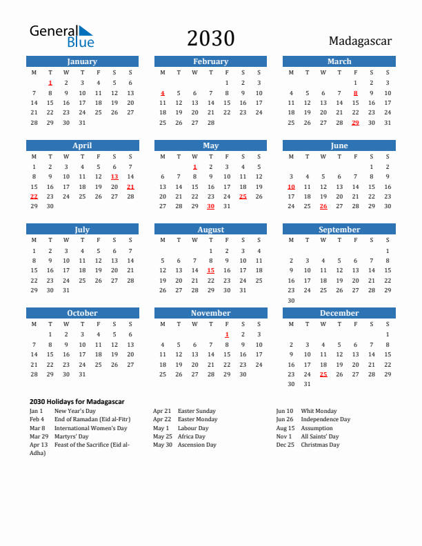 Madagascar 2030 Calendar with Holidays