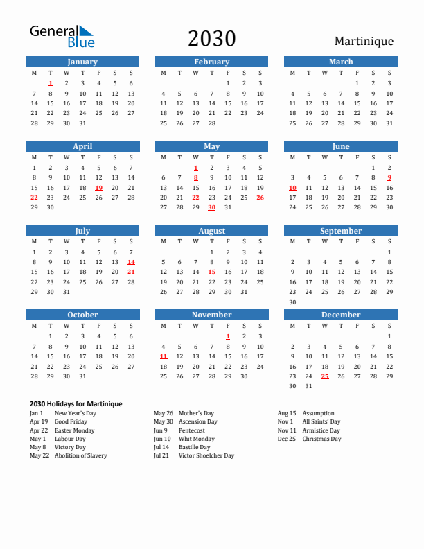Martinique 2030 Calendar with Holidays