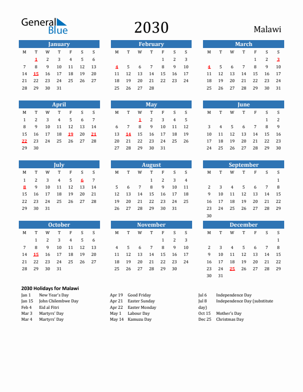 Malawi 2030 Calendar with Holidays
