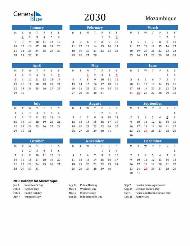 Mozambique 2030 Calendar with Holidays