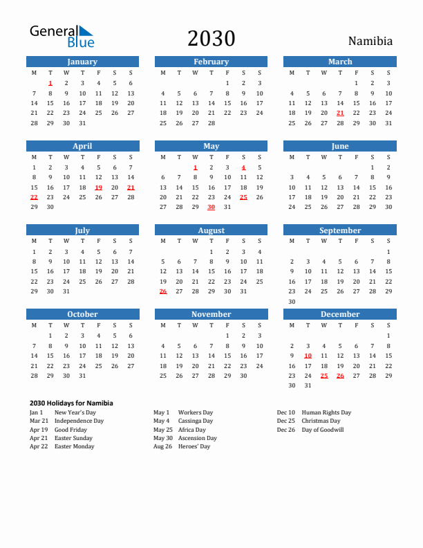 Namibia 2030 Calendar with Holidays