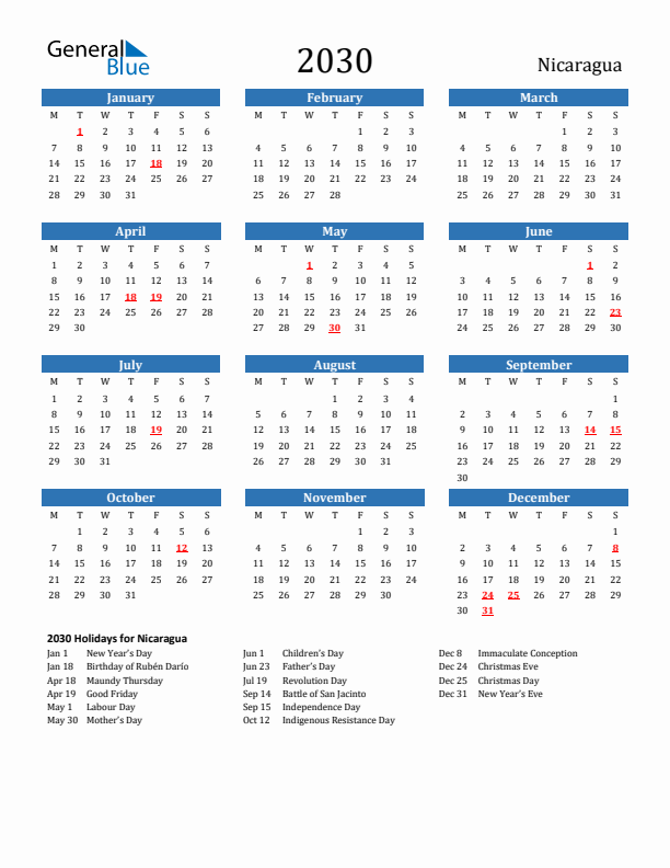 Nicaragua 2030 Calendar with Holidays