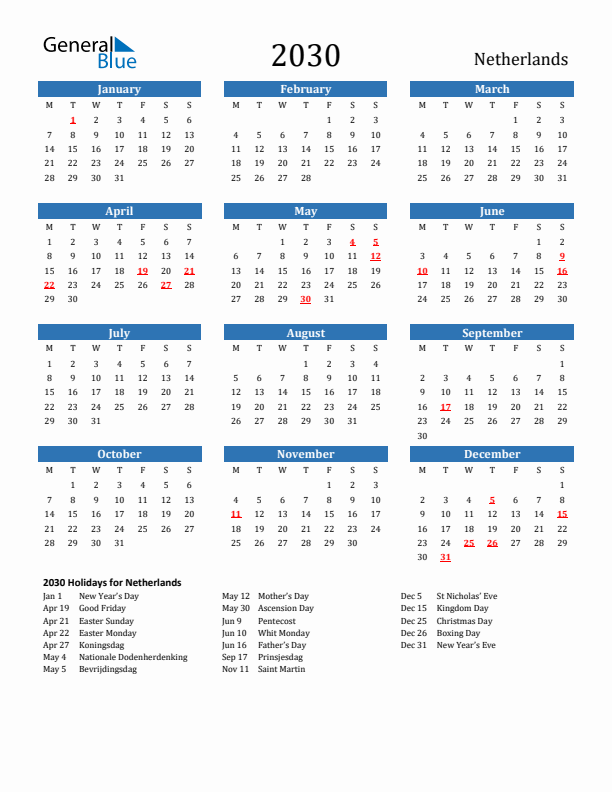 The Netherlands 2030 Calendar with Holidays