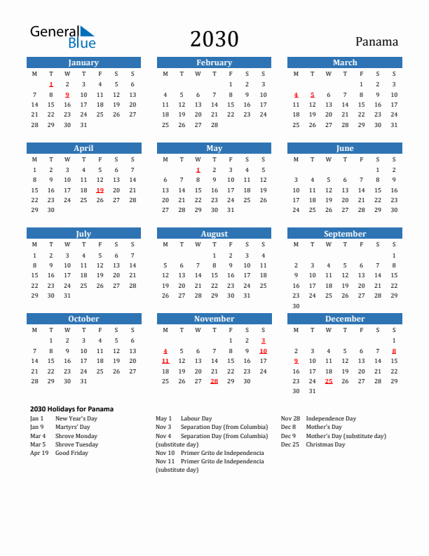 Panama 2030 Calendar with Holidays
