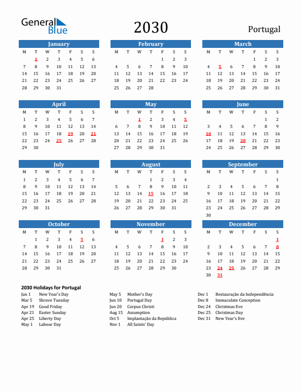Portugal 2030 Calendar with Holidays