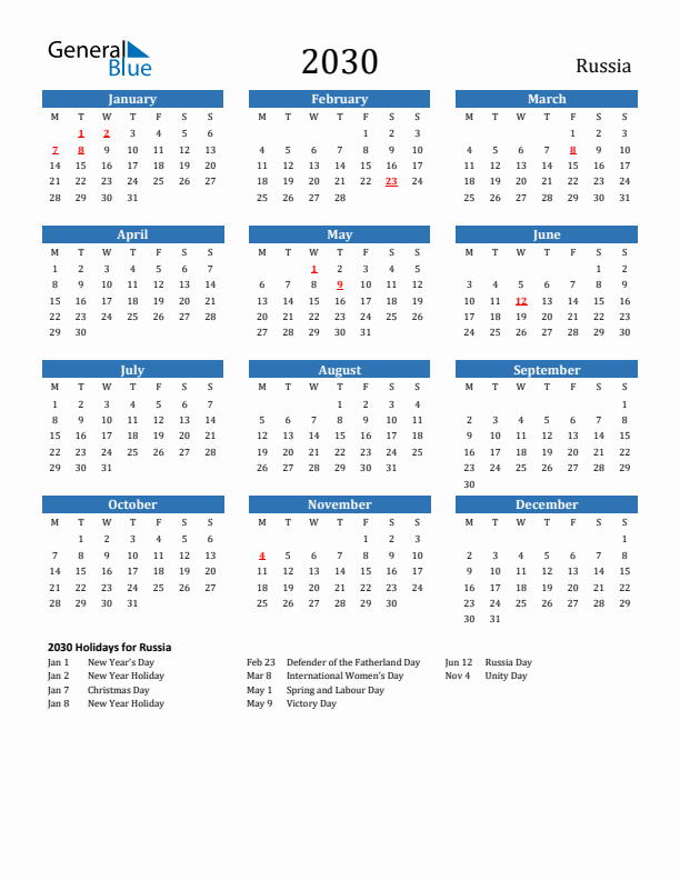 Russia 2030 Calendar with Holidays