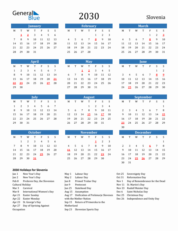 Slovenia 2030 Calendar with Holidays