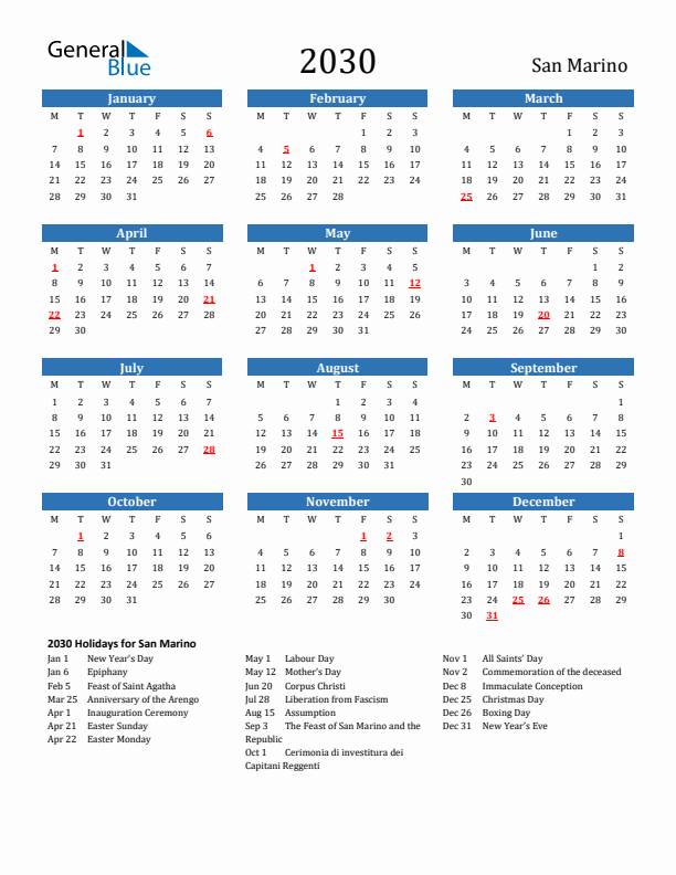 San Marino 2030 Calendar with Holidays