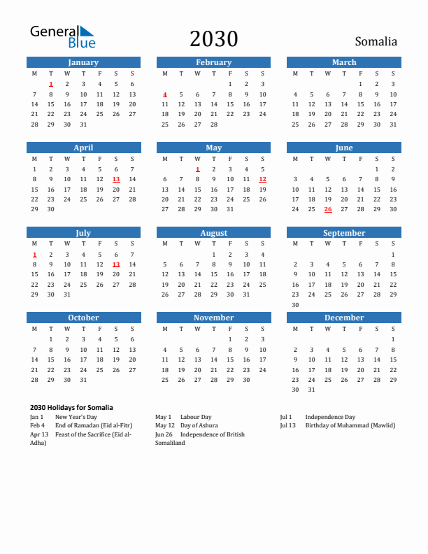 Somalia 2030 Calendar with Holidays