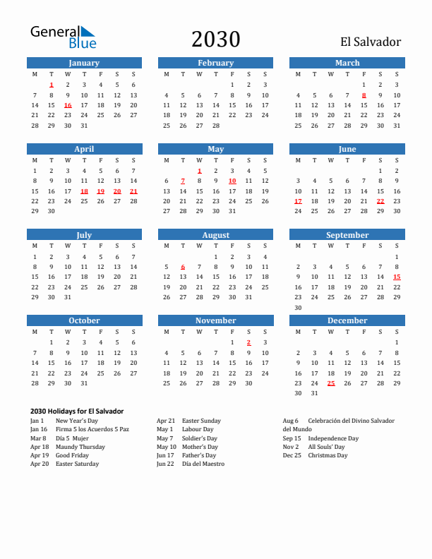 El Salvador 2030 Calendar with Holidays