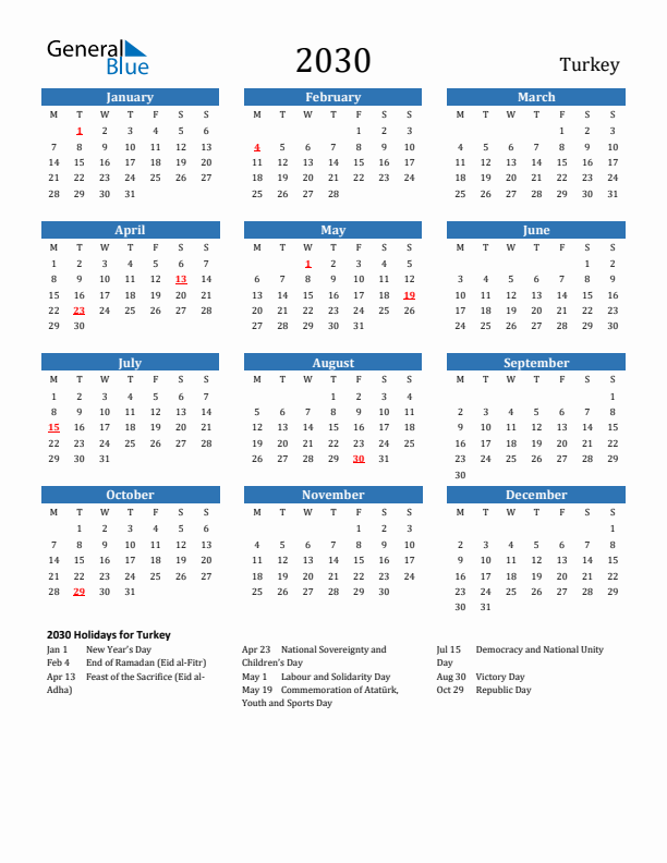 Turkey 2030 Calendar with Holidays