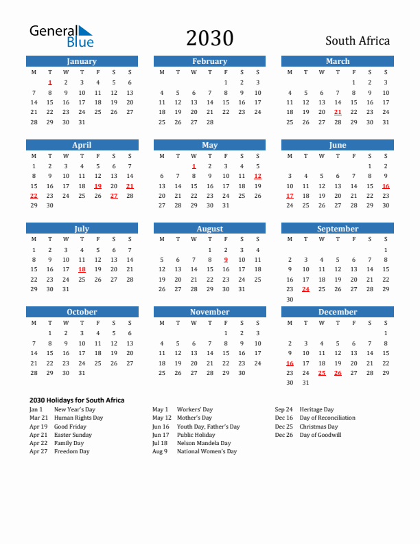 South Africa 2030 Calendar with Holidays