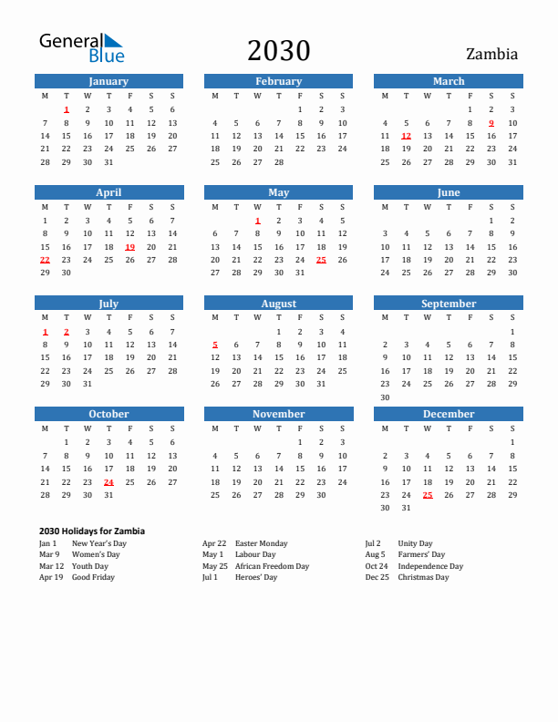 Zambia 2030 Calendar with Holidays