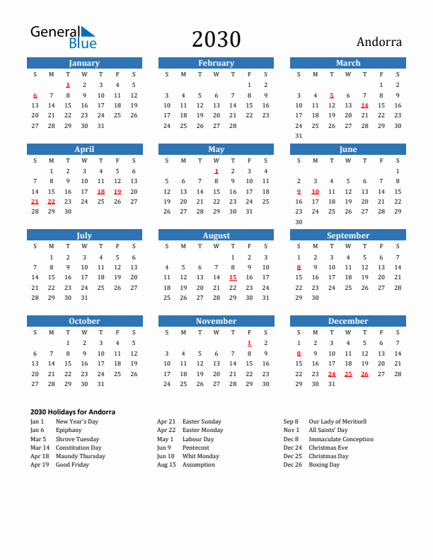Andorra 2030 Calendar with Holidays