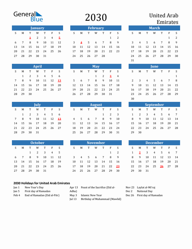 United Arab Emirates 2030 Calendar with Holidays