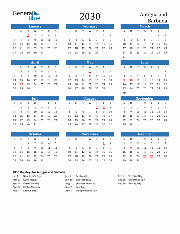 Antigua and Barbuda 2030 Calendar with Holidays