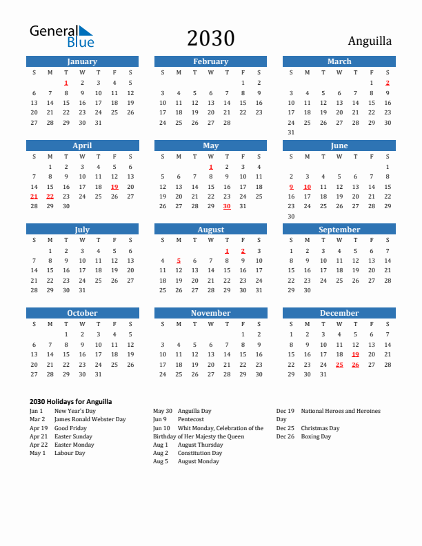 Anguilla 2030 Calendar with Holidays