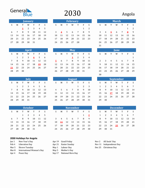 Angola 2030 Calendar with Holidays