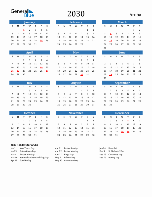 Aruba 2030 Calendar with Holidays