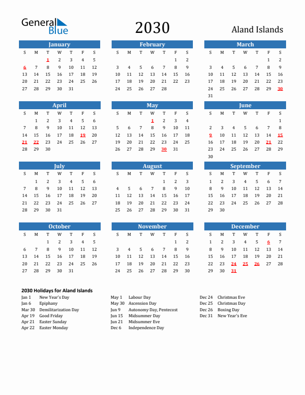 Aland Islands 2030 Calendar with Holidays