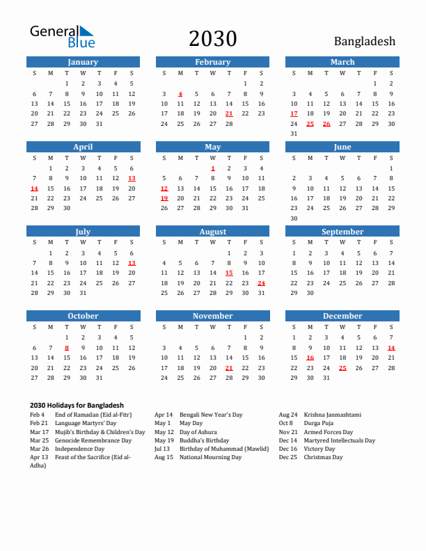 Bangladesh 2030 Calendar with Holidays