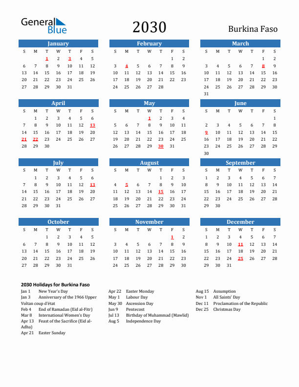Burkina Faso 2030 Calendar with Holidays