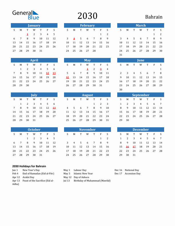 Bahrain 2030 Calendar with Holidays