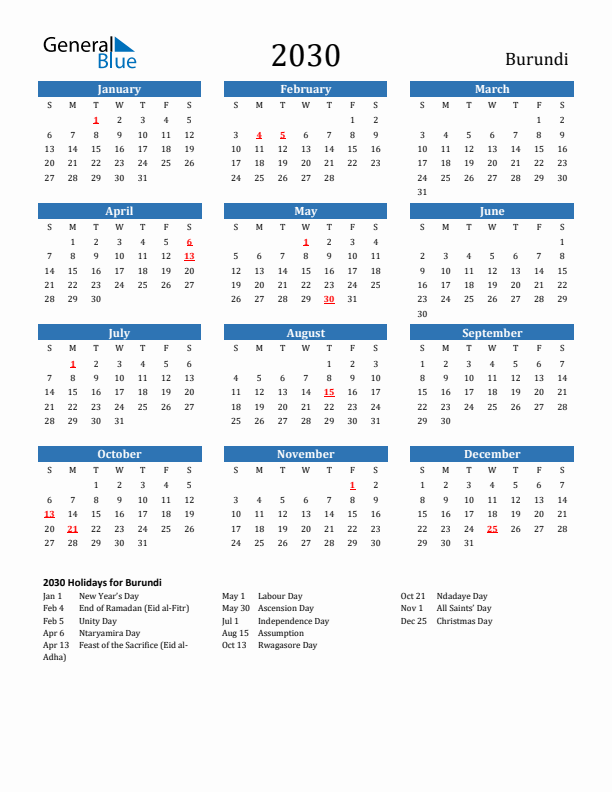 Burundi 2030 Calendar with Holidays