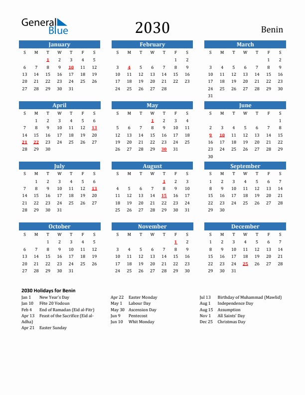 Benin 2030 Calendar with Holidays