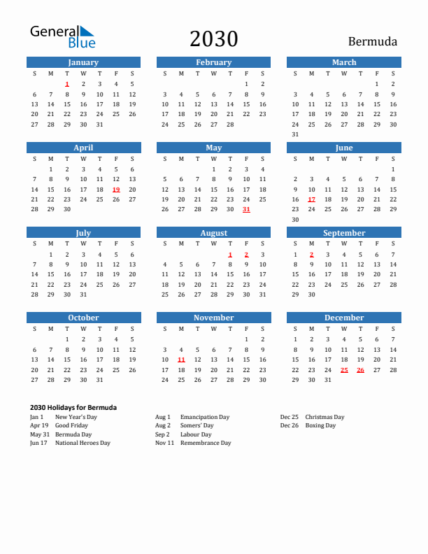 Bermuda 2030 Calendar with Holidays