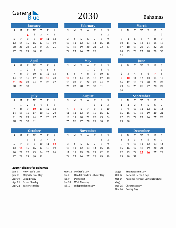 Bahamas 2030 Calendar with Holidays