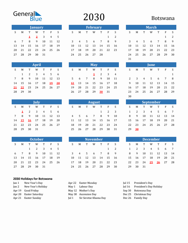 Botswana 2030 Calendar with Holidays