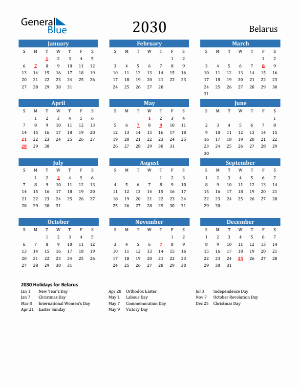 Belarus 2030 Calendar with Holidays
