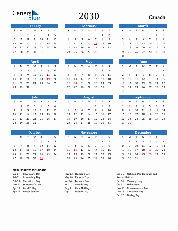 Canada 2030 Calendar with Holidays