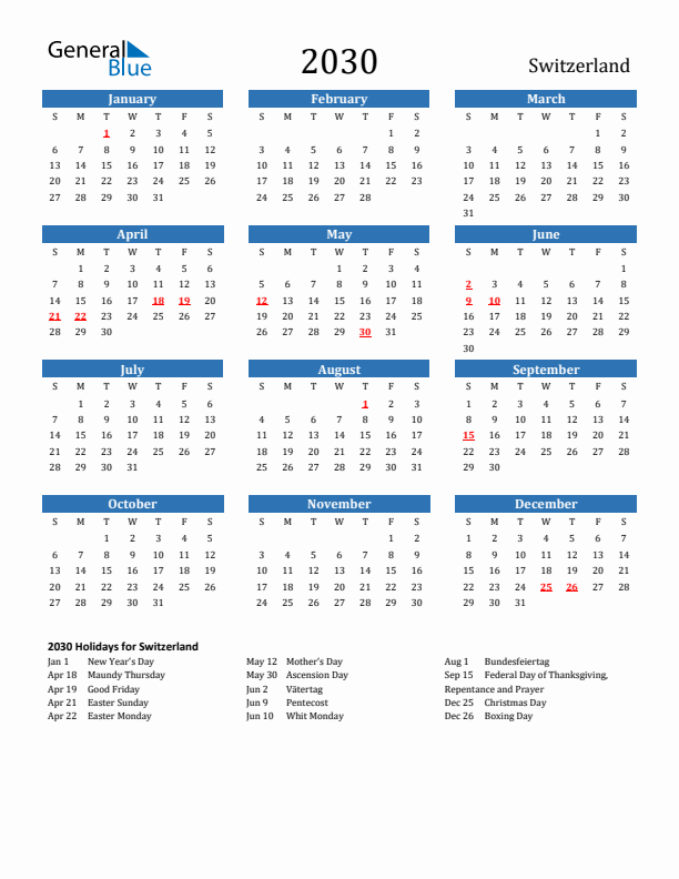 Switzerland 2030 Calendar with Holidays