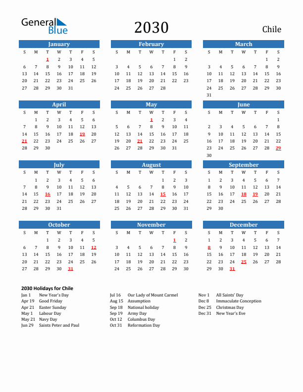 Chile 2030 Calendar with Holidays