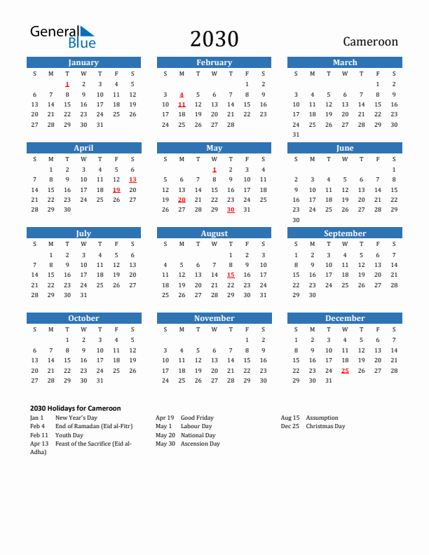 Cameroon 2030 Calendar with Holidays