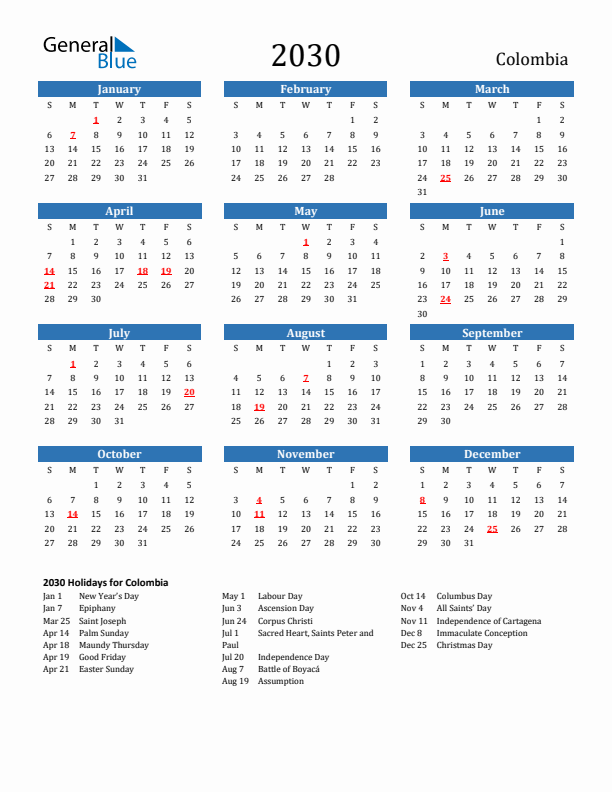Colombia 2030 Calendar with Holidays