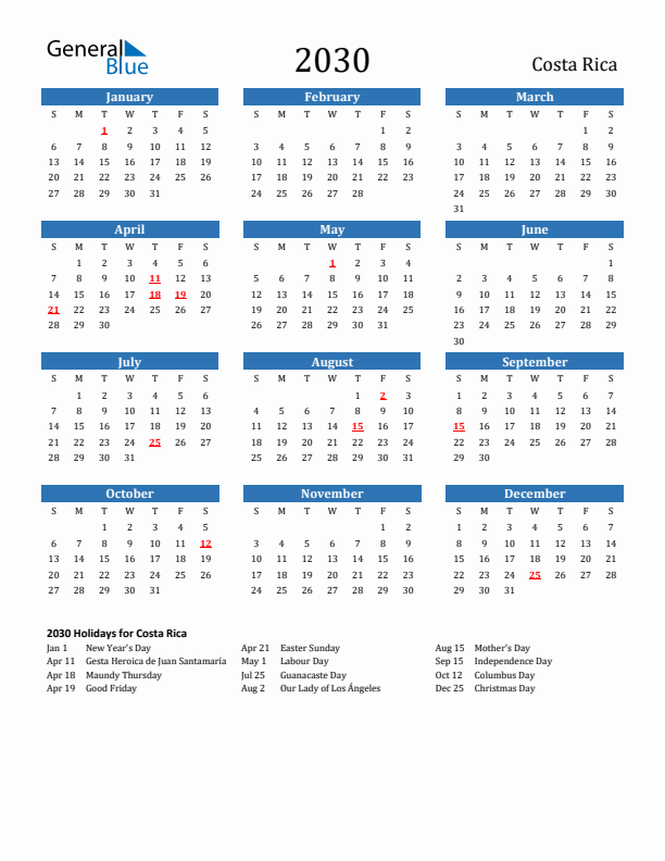 Costa Rica 2030 Calendar with Holidays