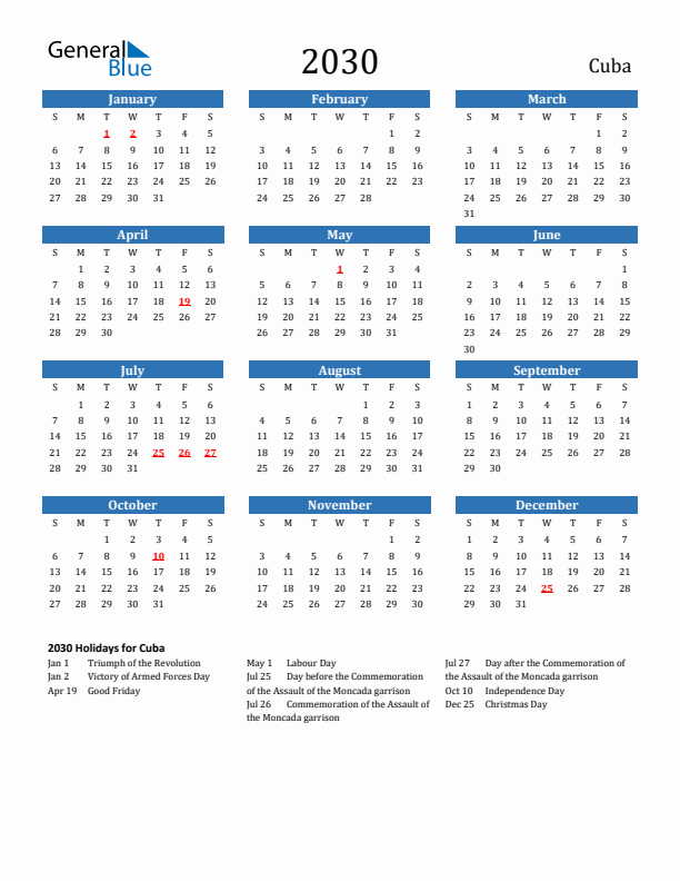 Cuba 2030 Calendar with Holidays