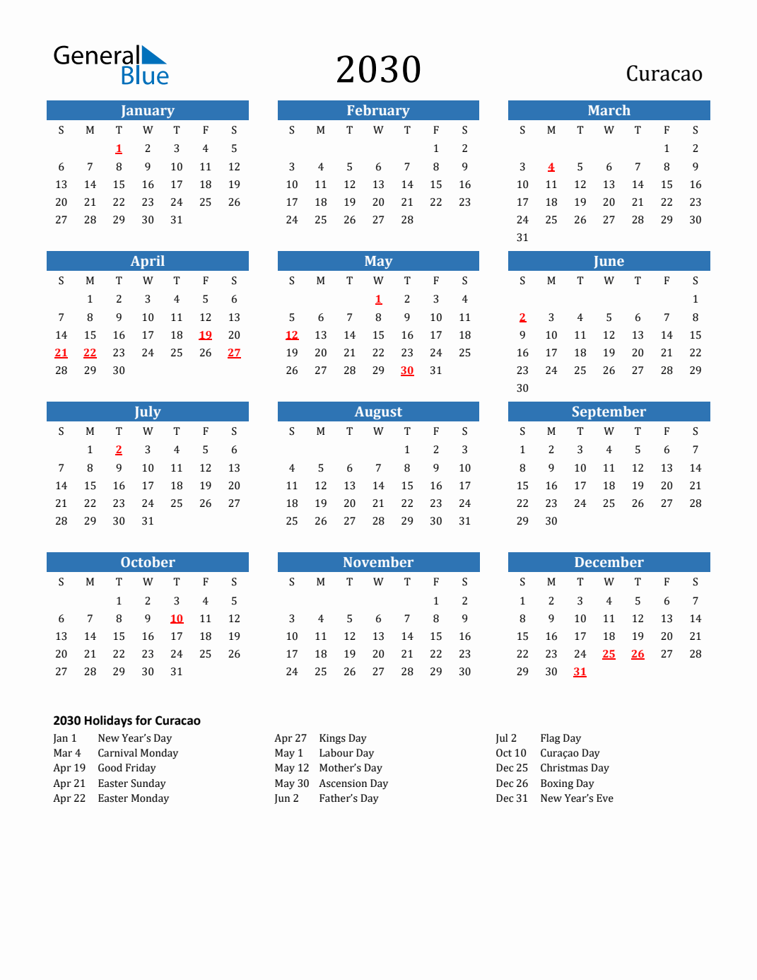 2030 Curacao Calendar with Holidays