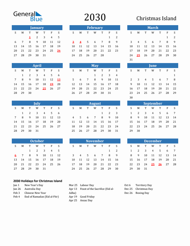 Christmas Island 2030 Calendar with Holidays