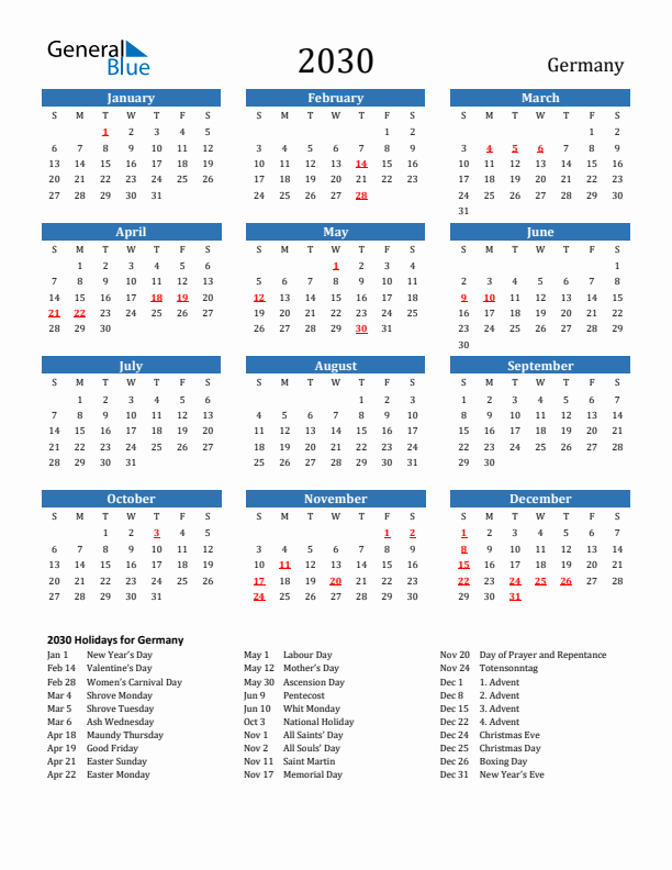Germany 2030 Calendar with Holidays
