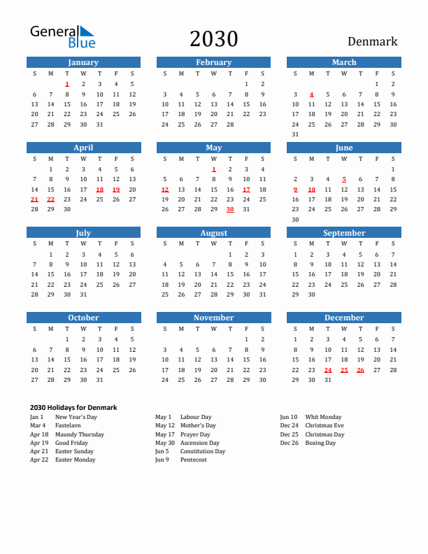 Denmark 2030 Calendar with Holidays