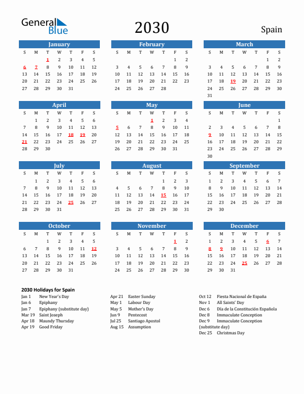 Spain 2030 Calendar with Holidays