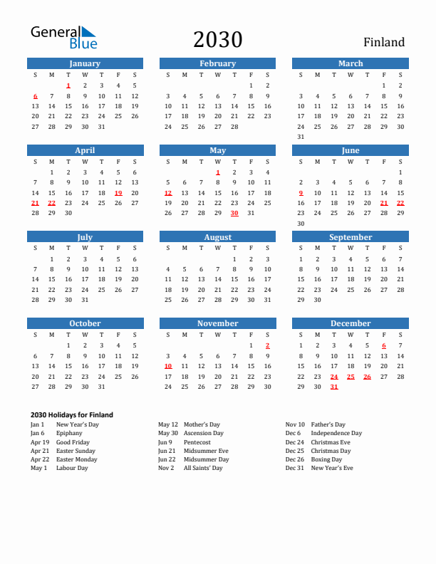 Finland 2030 Calendar with Holidays